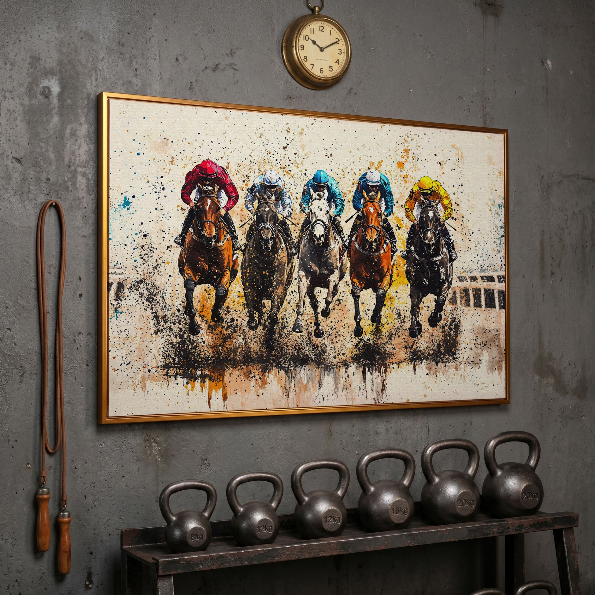 Vivid Jockeys Horse Racing Canvas in antique gold floating frame