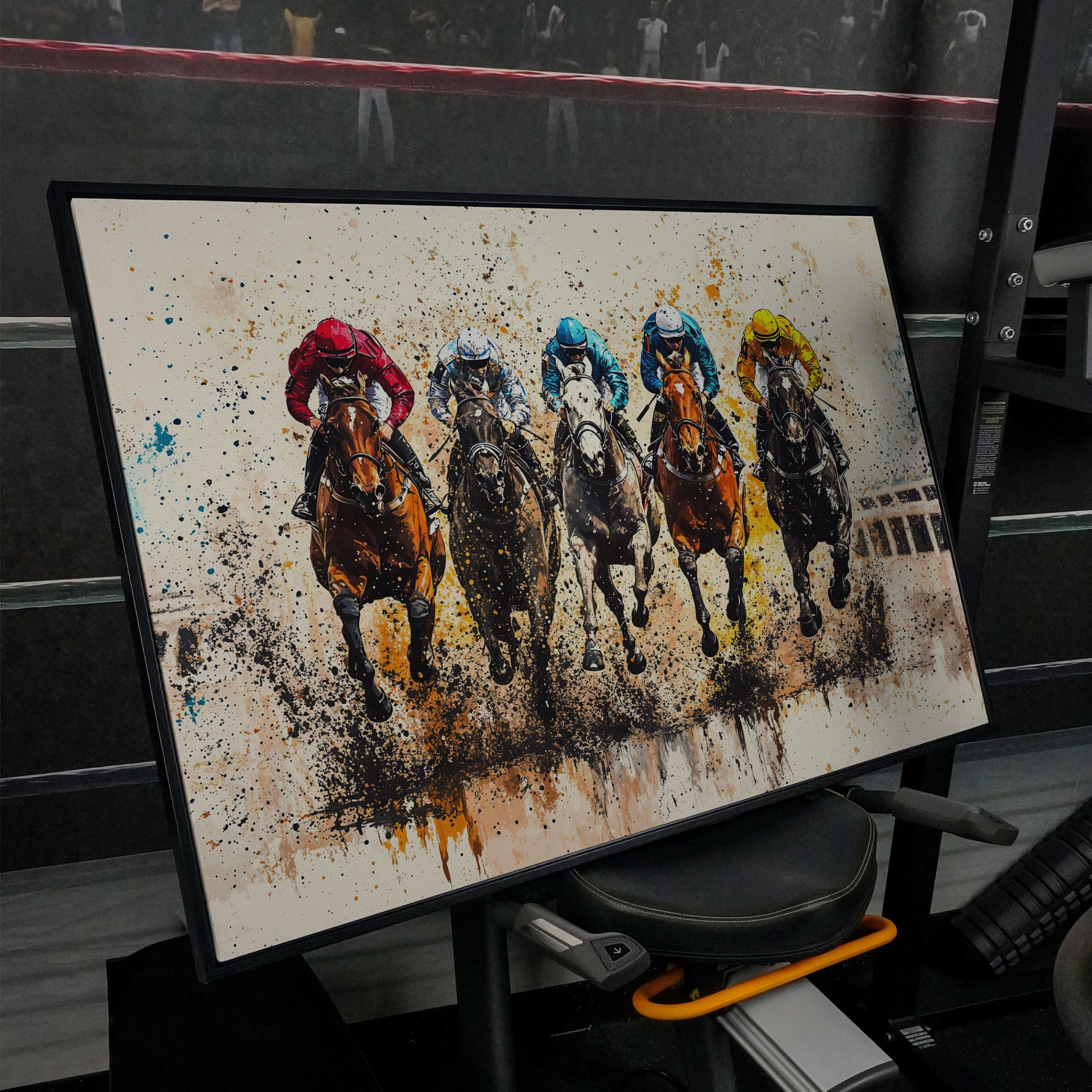 Vivid Jockeys Horse Racing Canvas in black floating frame