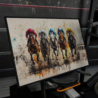 Vivid Jockeys Horse Racing Canvas in black floating frame