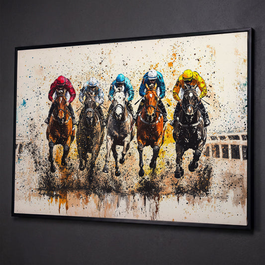 Vivid Jockeys Horse Racing Canvas shown in black floating frame
