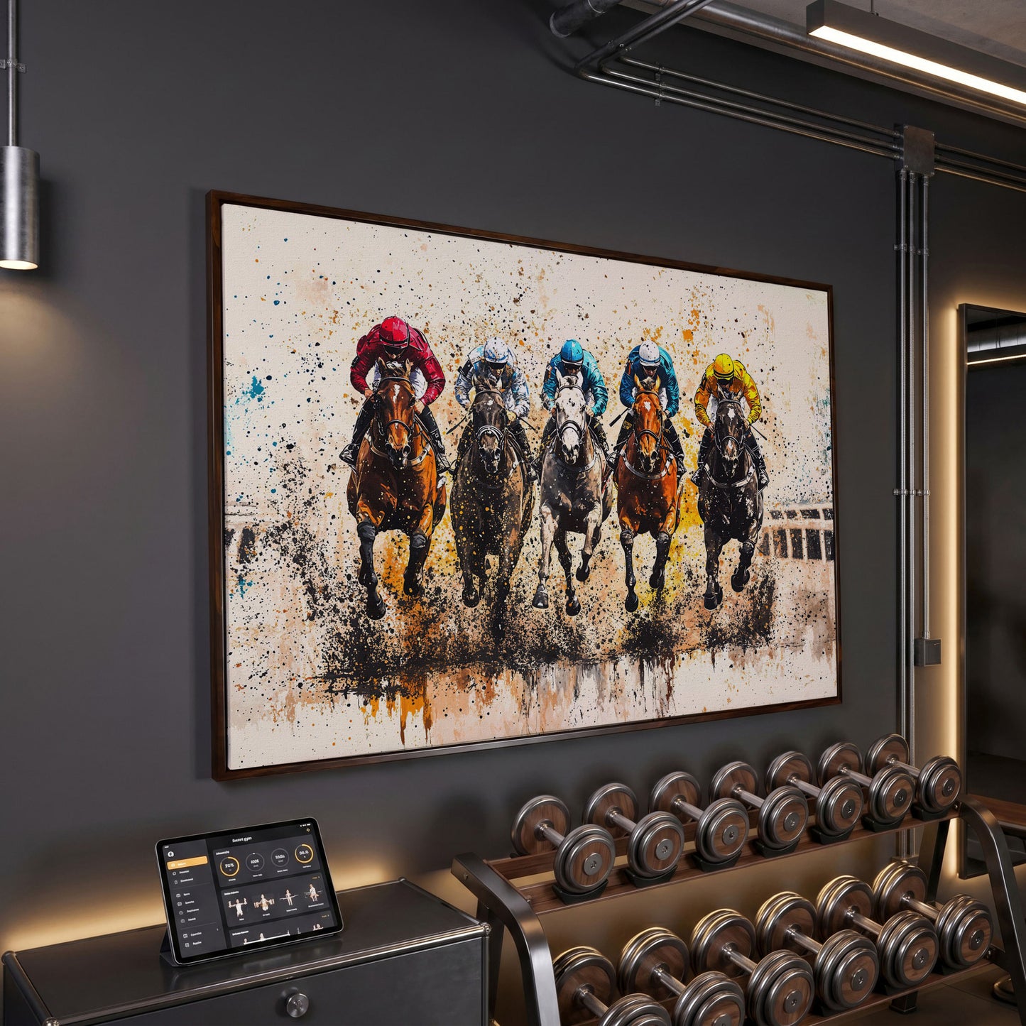 Vivid Jockeys Horse Racing Canvas in dark walnut floating frame