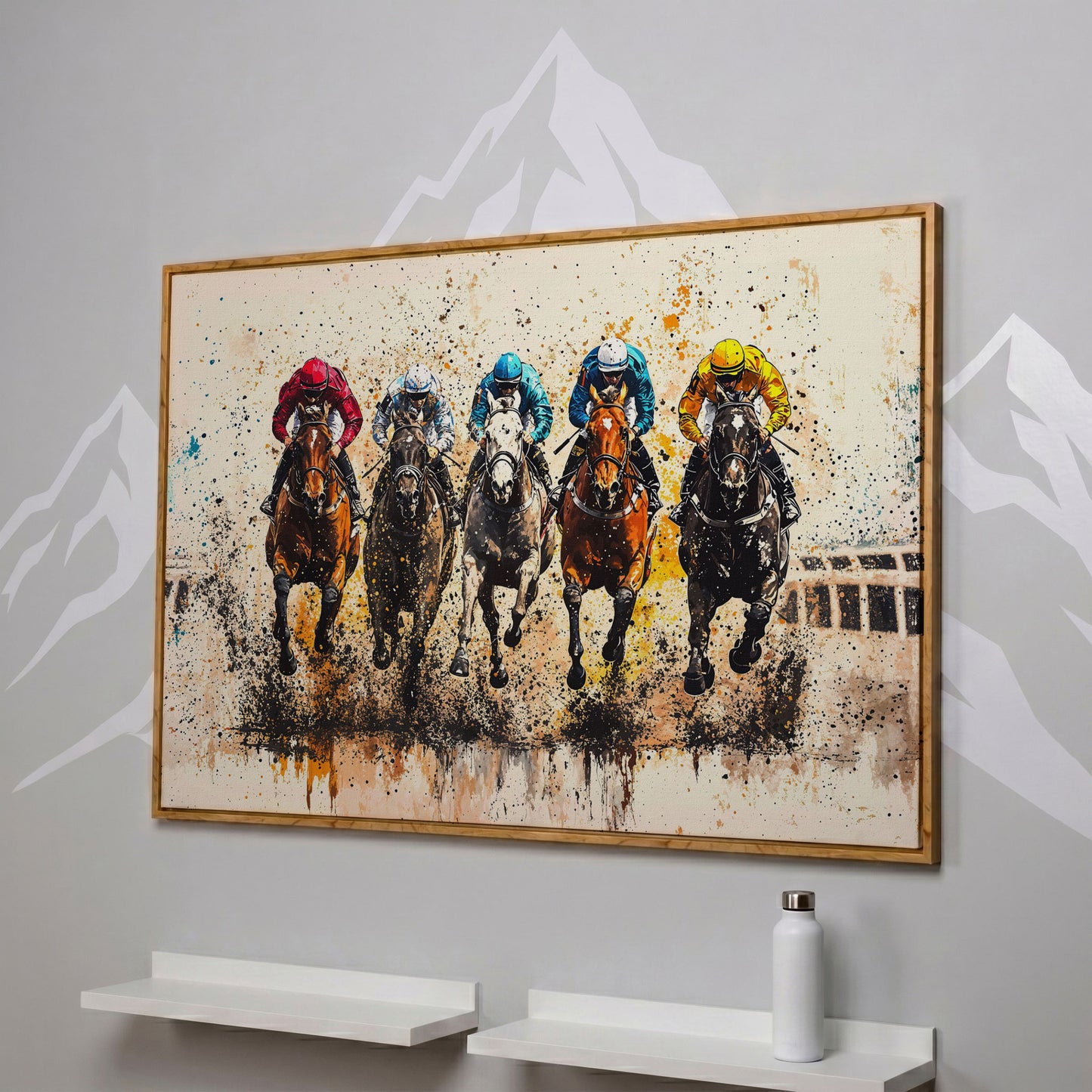 Vivid Jockeys Horse Racing Canvas in white oak floating frame