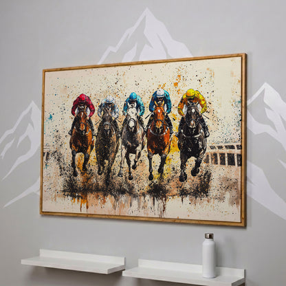 Vivid Jockeys Horse Racing Canvas in white oak floating frame