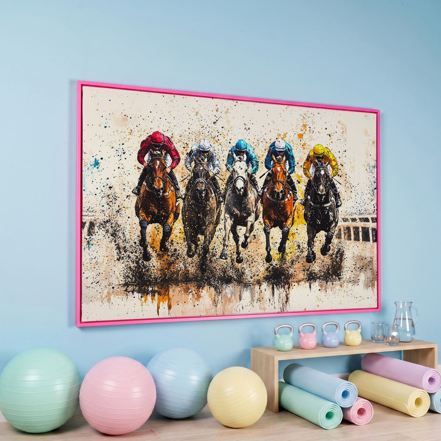 Vivid Jockeys Horse Racing Canvas in pink floating frame