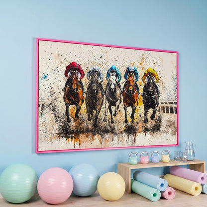 Vivid Jockeys Horse Racing Canvas in pink floating frame