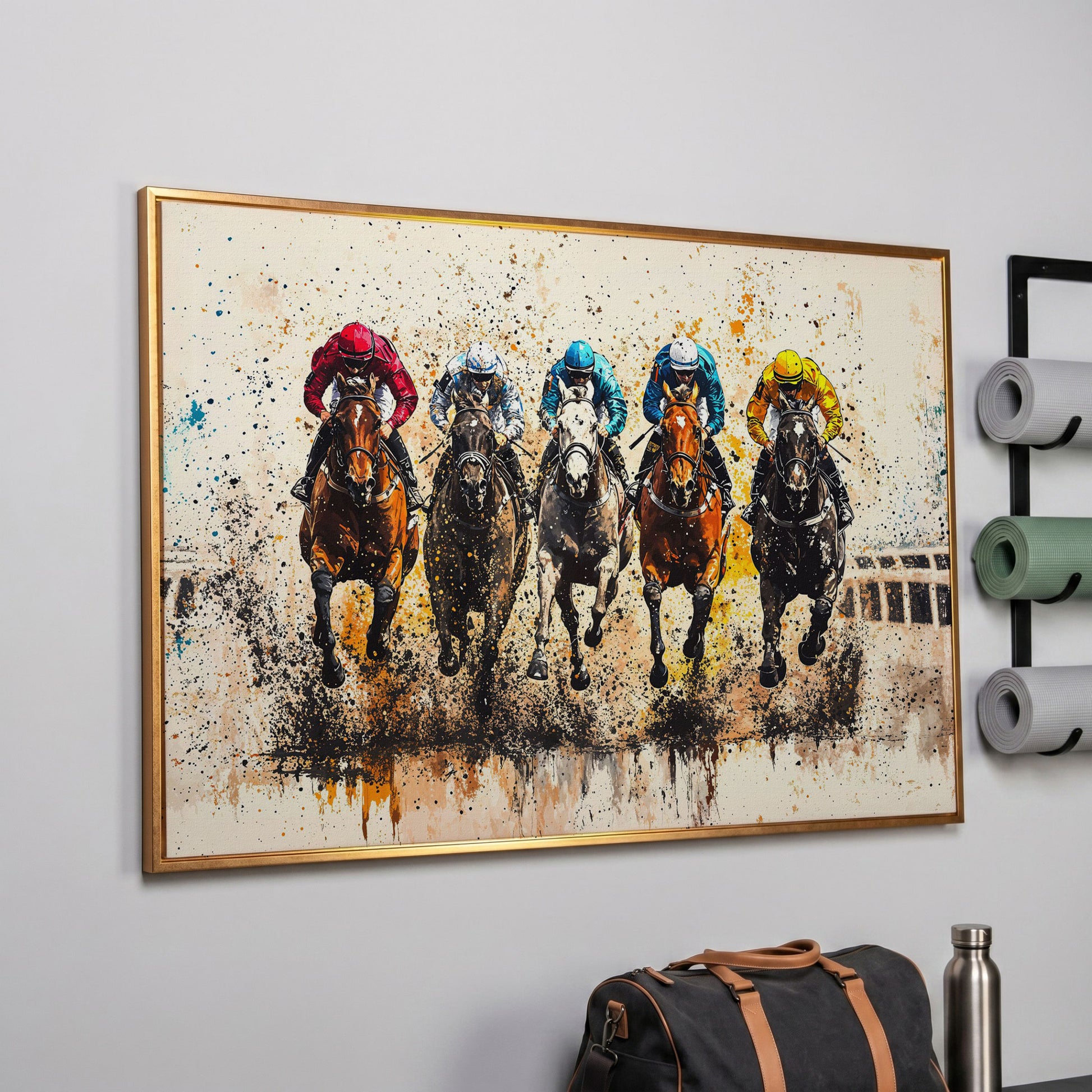 Vivid Jockeys Horse Racing Canvas in rose gold floating frame