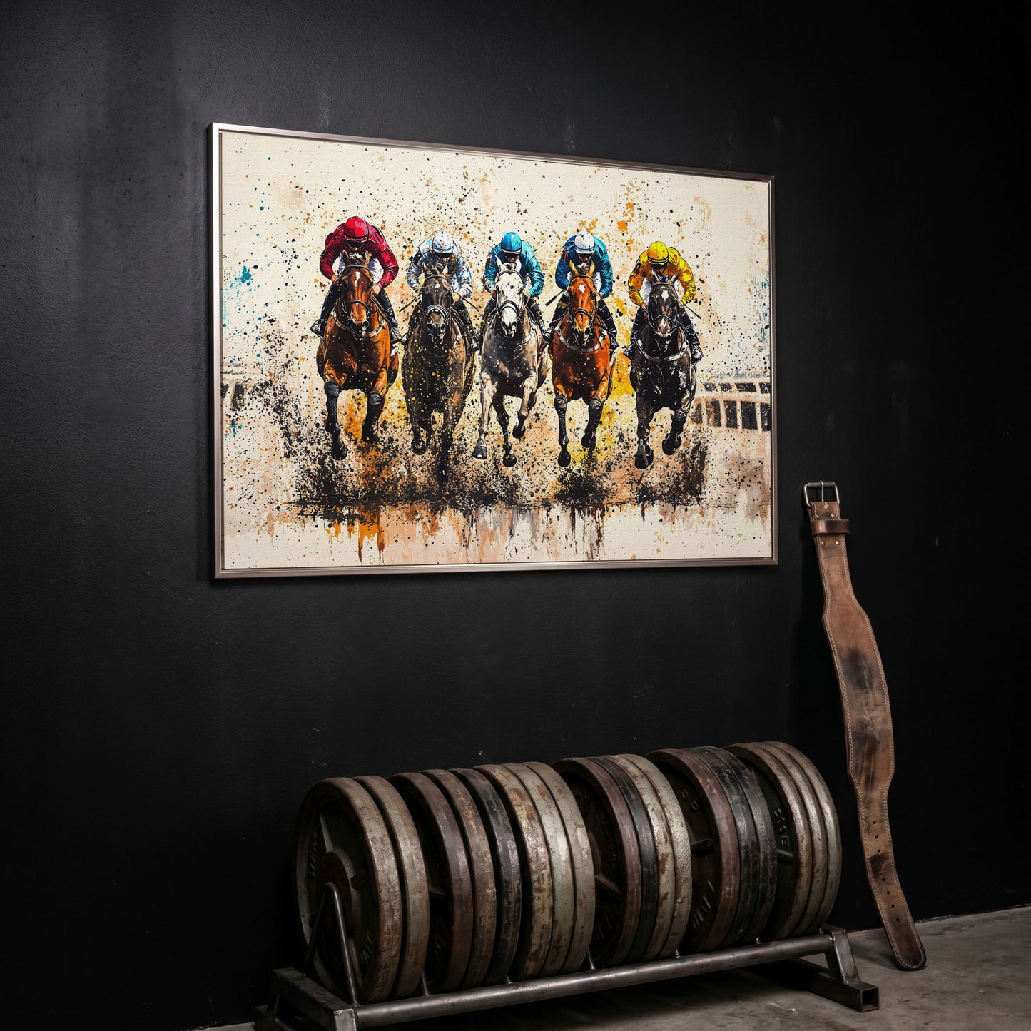Vivid Jockeys Horse Racing Canvas in silver floating frame