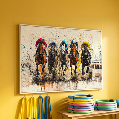 Vivid Jockeys Horse Racing Canvas in white floating frame
