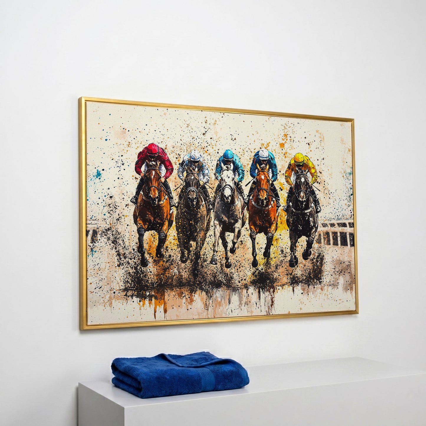 Vivid Jockeys Horse Racing Canvas in yellow gold floating frame