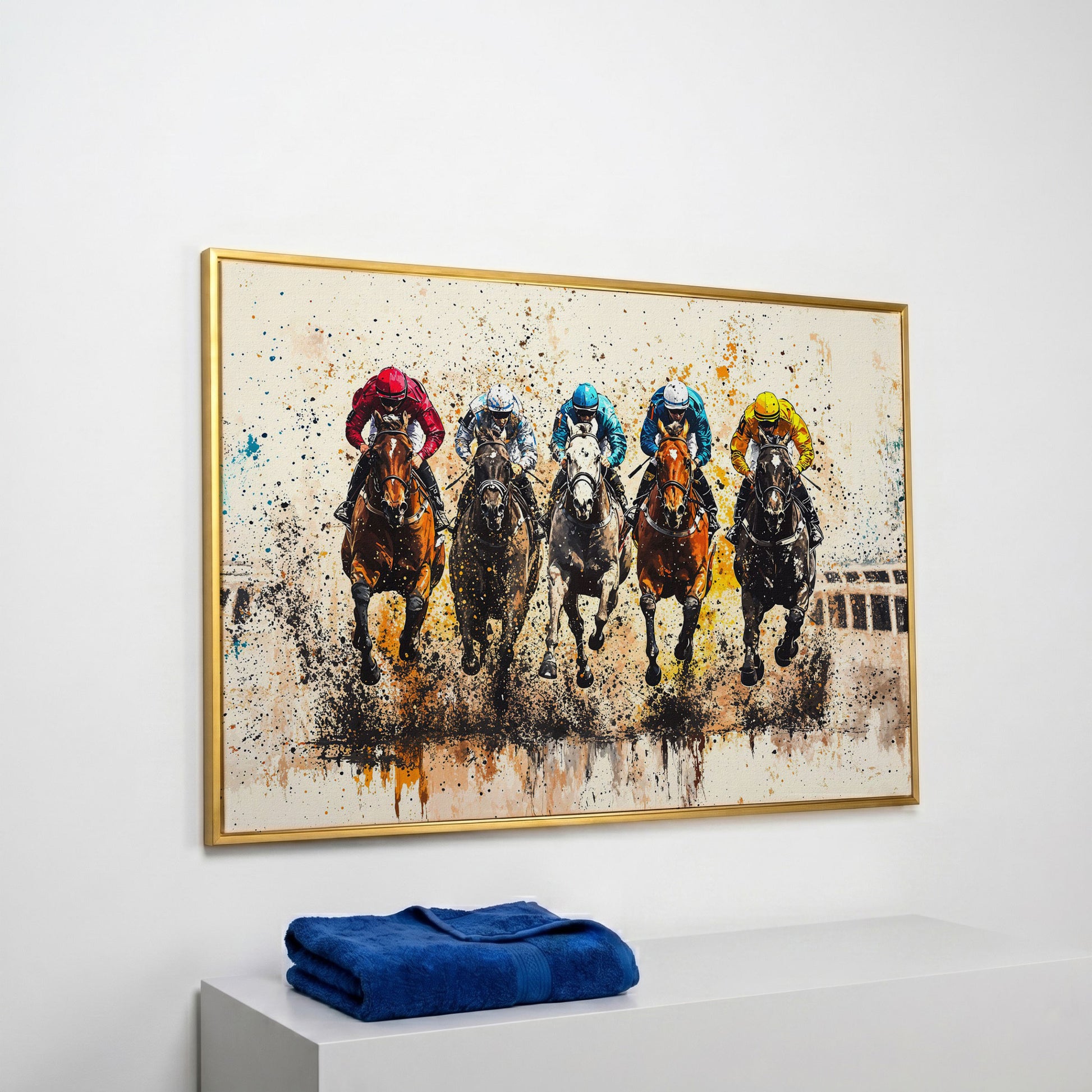 Vivid Jockeys Horse Racing Canvas in yellow gold floating frame
