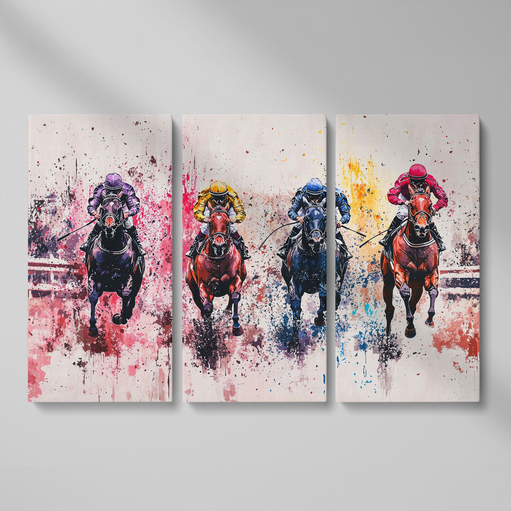 Four Jockeys in Rose, Teal & Sienna Canvas as 3-panel split version