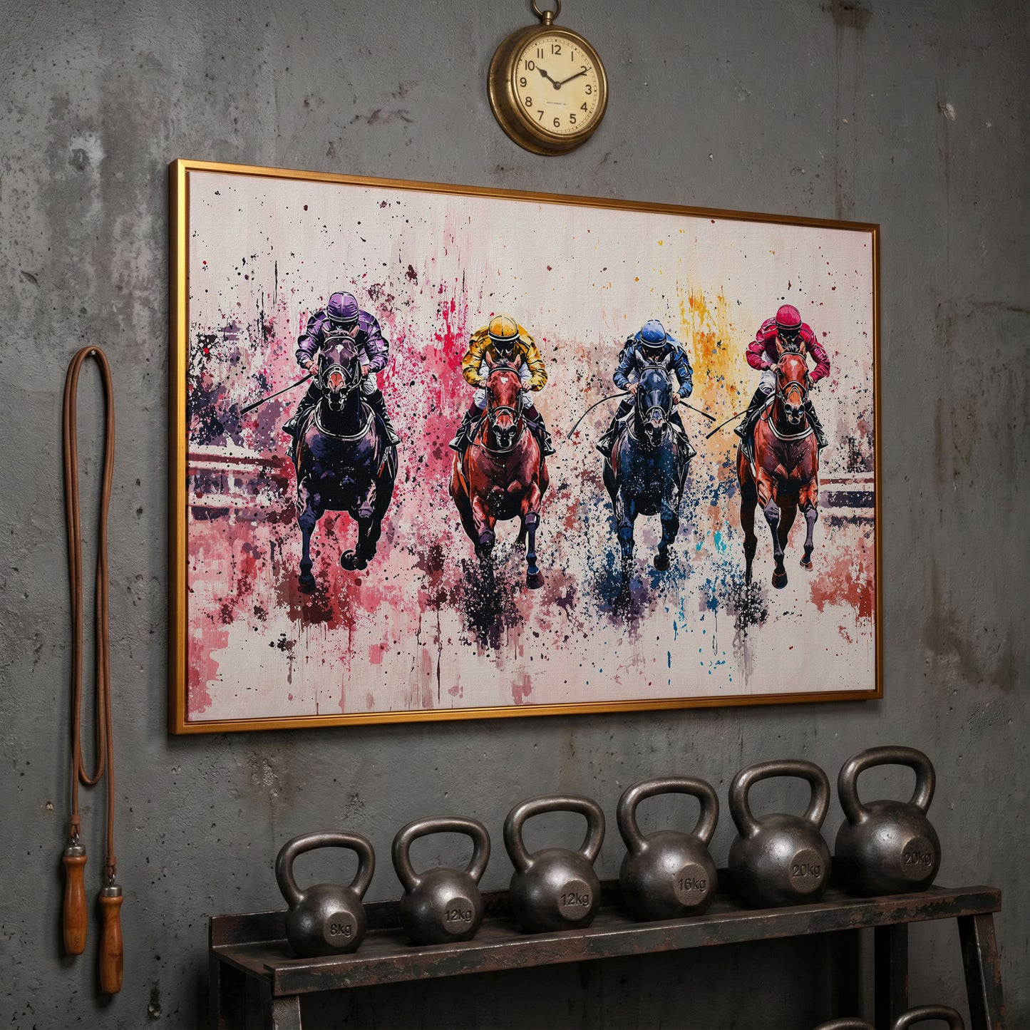 Four Jockeys in Rose, Teal & Sienna Canvas in antique gold floating frame