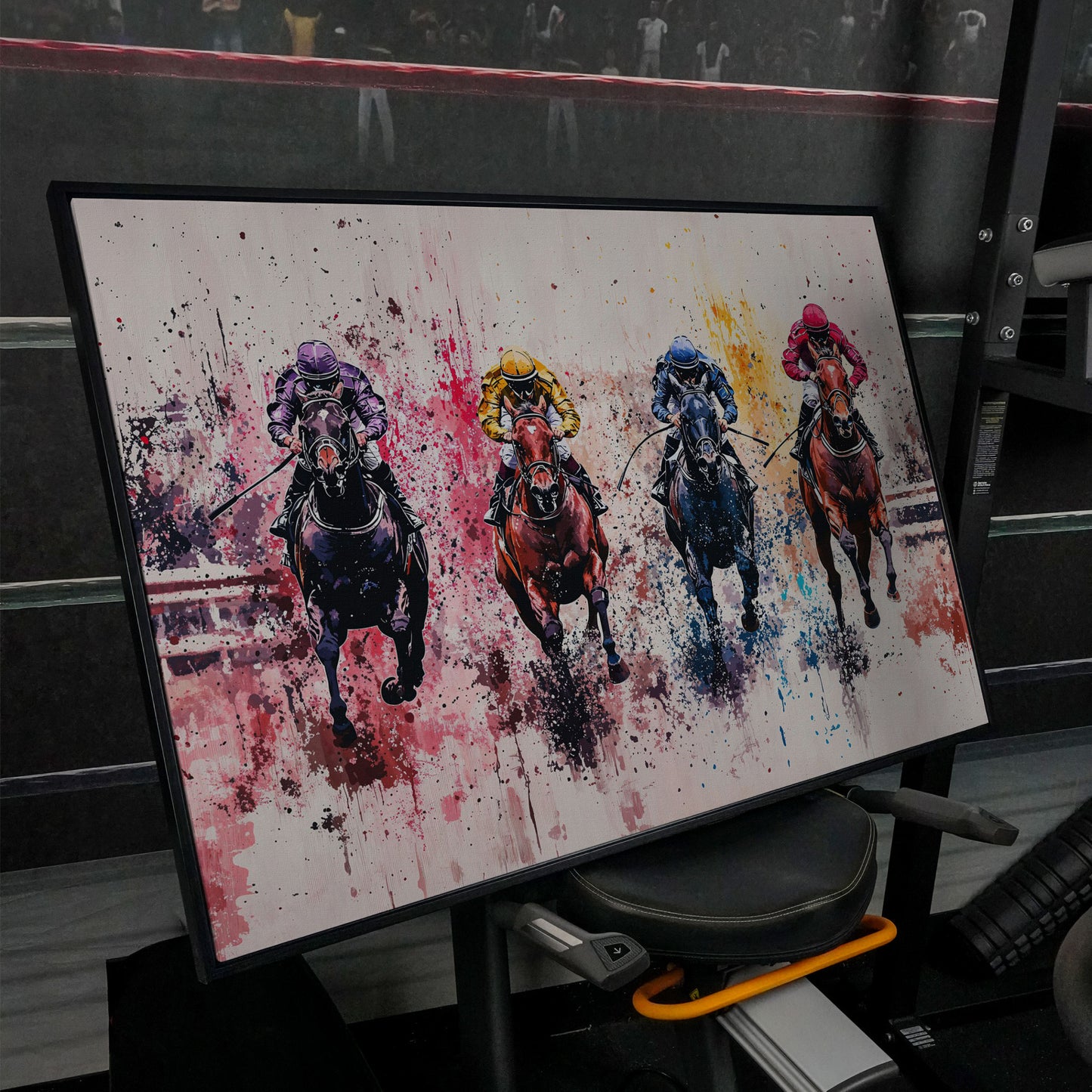 Four Jockeys in Rose, Teal & Sienna Canvas in black floating frame