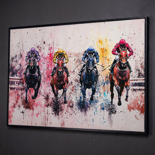 Four Jockeys in Rose, Teal & Sienna Canvas shown in black floating frame