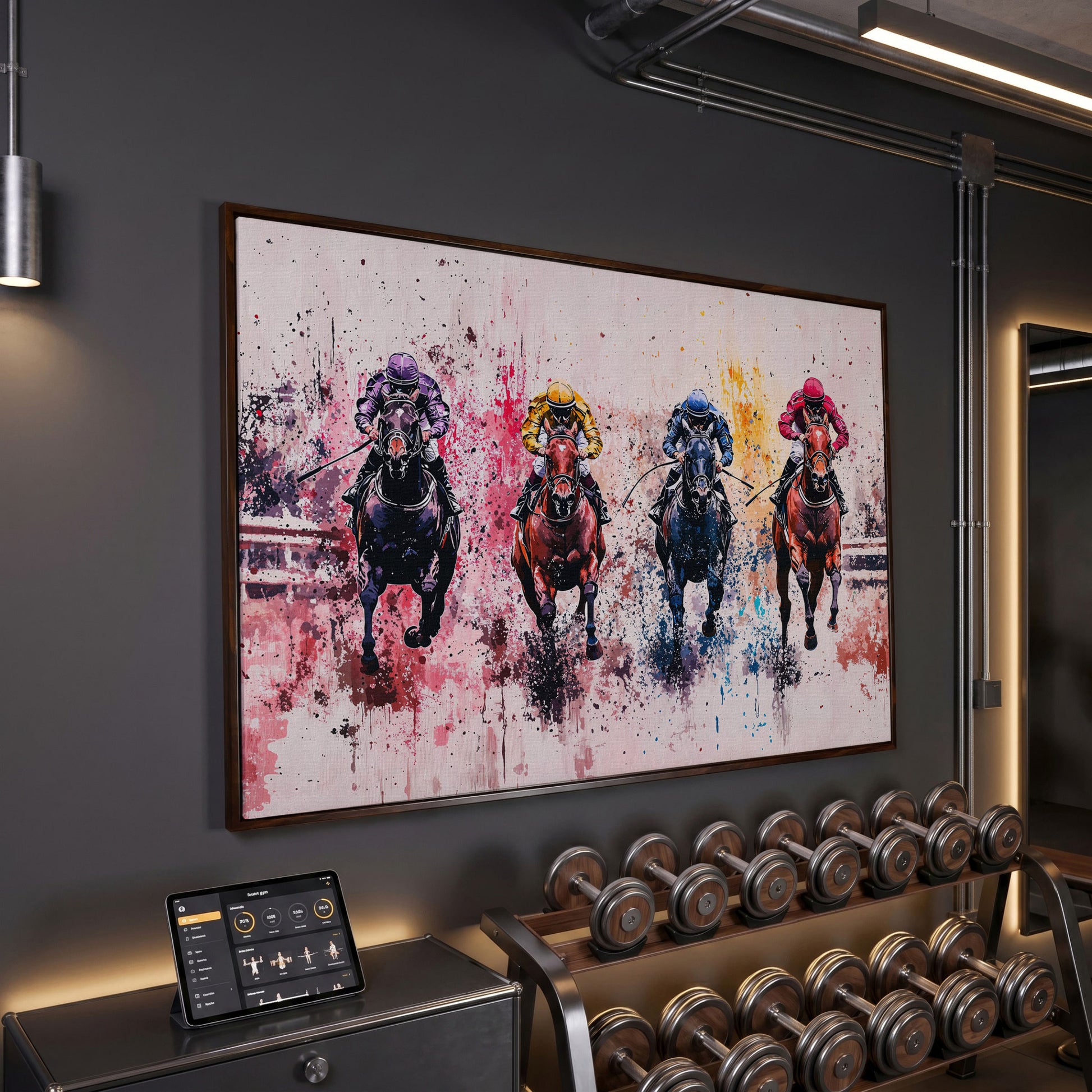 Four Jockeys in Rose, Teal & Sienna Canvas in dark walnut floating frame
