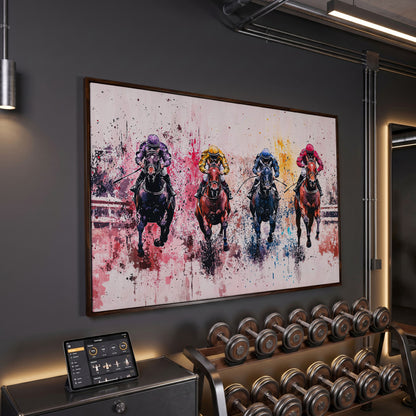 Four Jockeys in Rose, Teal & Sienna Canvas in dark walnut floating frame