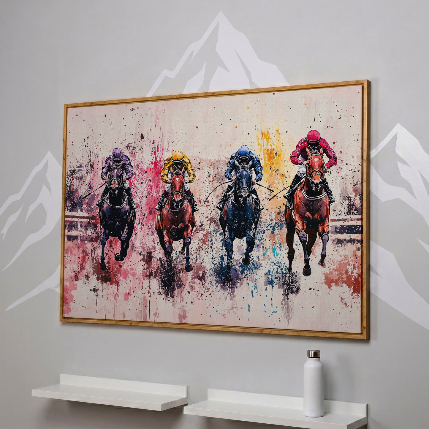 Four Jockeys in Rose, Teal & Sienna Canvas in white oak floating frame
