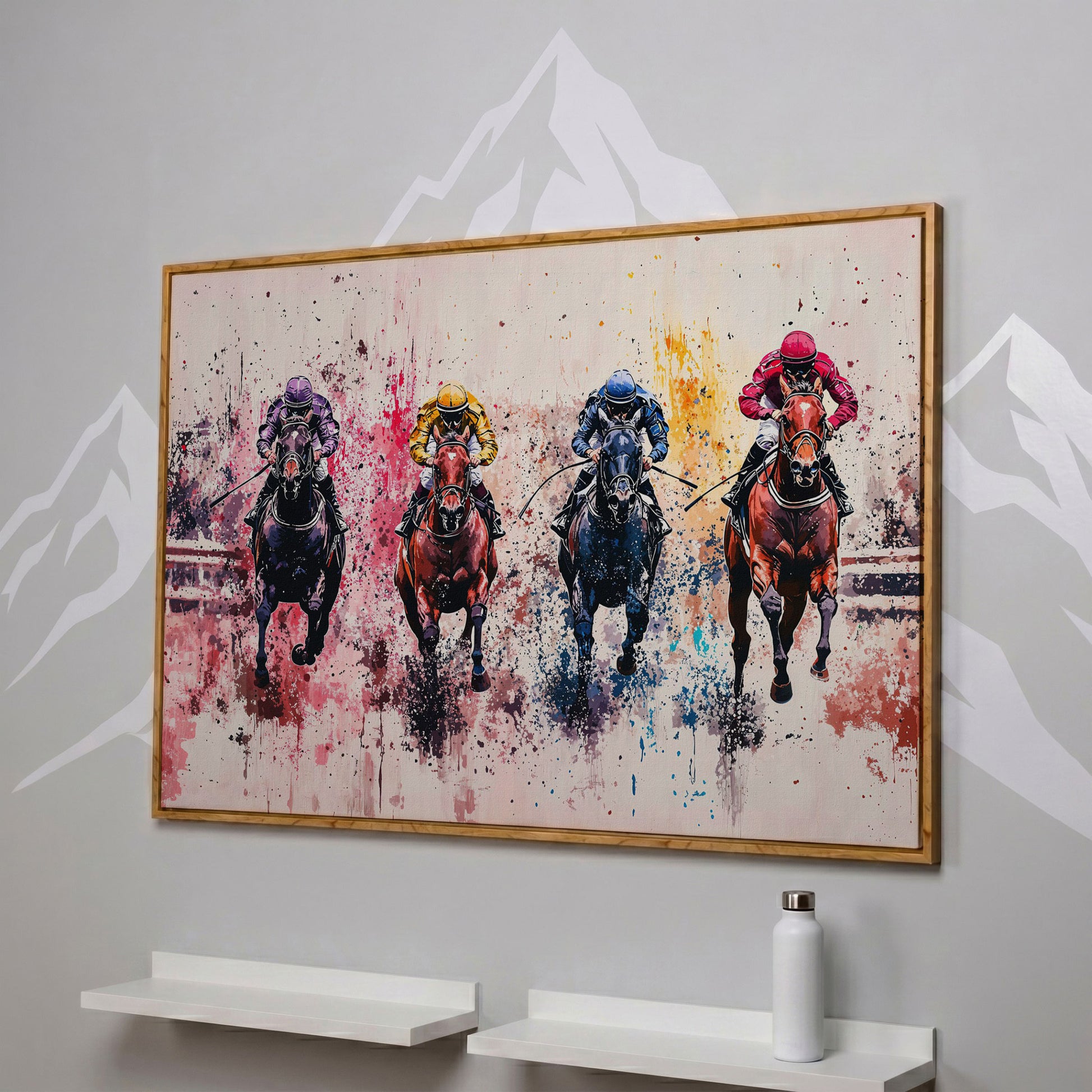 Four Jockeys in Rose, Teal & Sienna Canvas in white oak floating frame