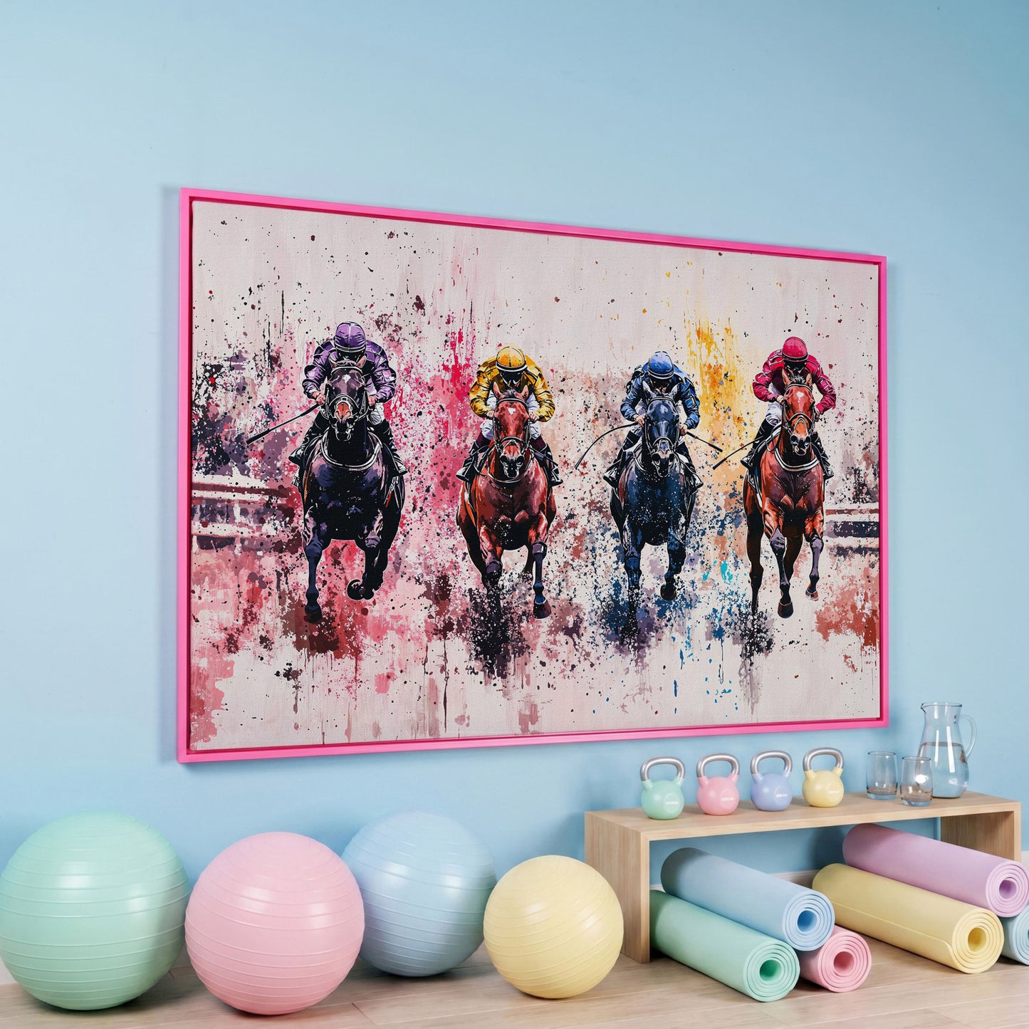Four Jockeys in Rose, Teal & Sienna Canvas in pink floating frame