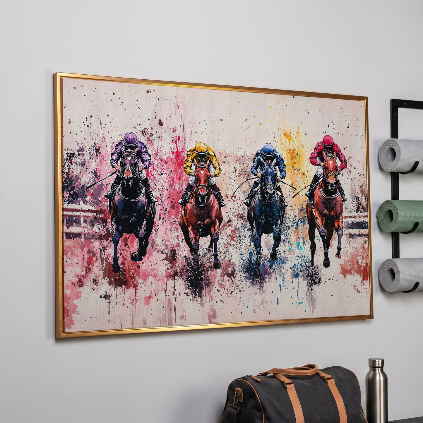 Four Jockeys in Rose, Teal & Sienna Canvas in rose gold floating frame