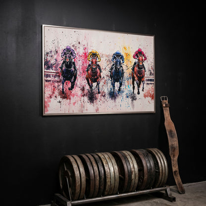 Four Jockeys in Rose, Teal & Sienna Canvas in silver floating frame
