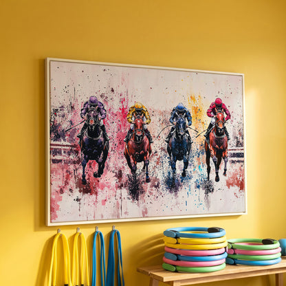 Four Jockeys in Rose, Teal & Sienna Canvas in white floating frame