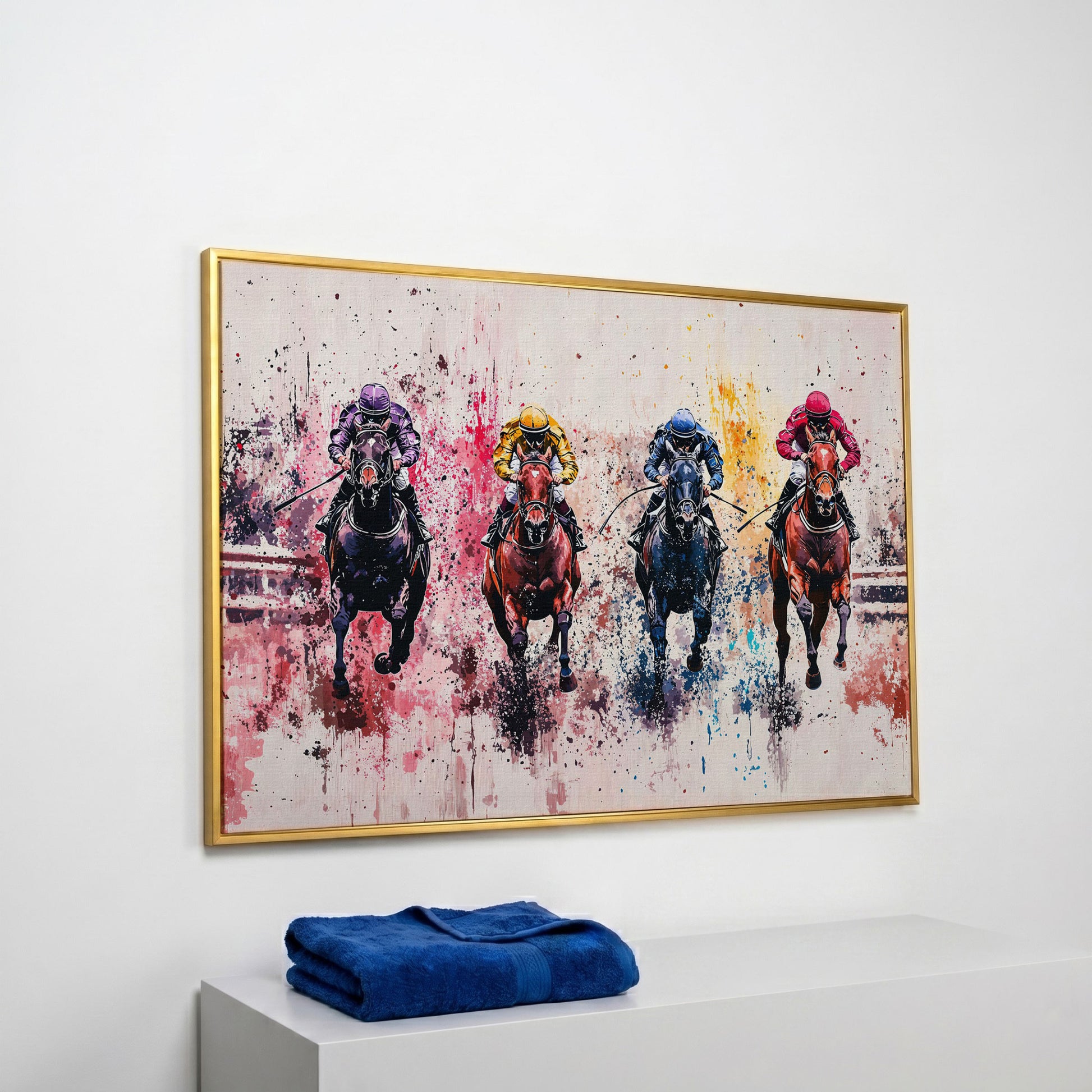 Four Jockeys in Rose, Teal & Sienna Canvas in yellow gold floating frame