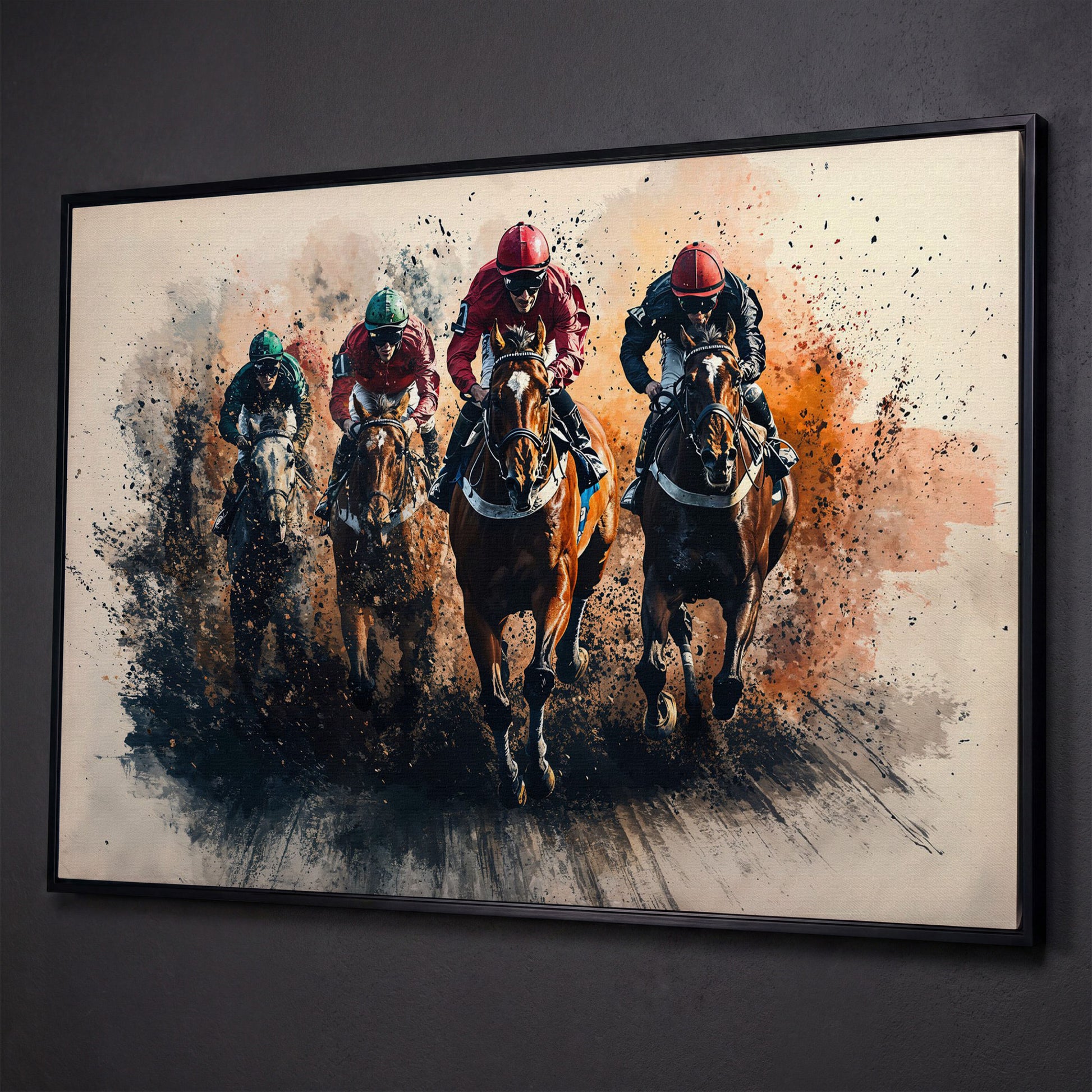 Jockeys Horse Race Canvas Print shown in black floating frame