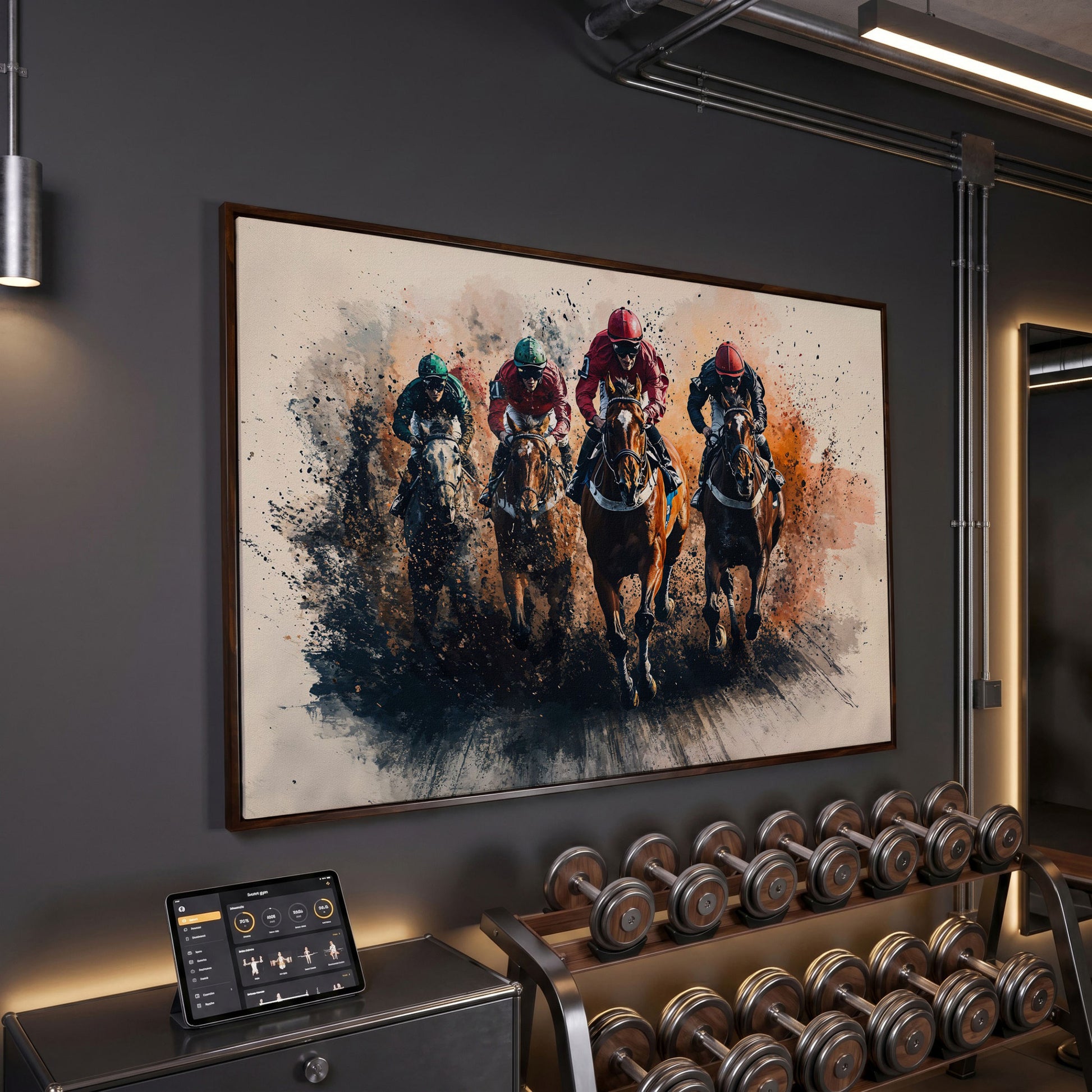 Jockeys Horse Race Canvas Print in dark walnut floating frame