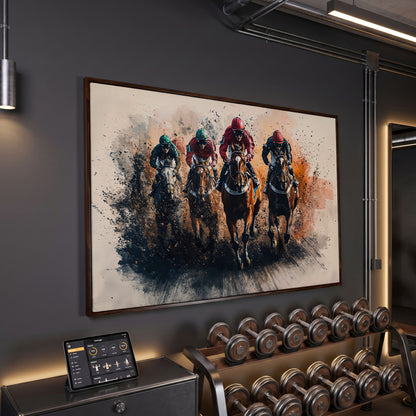 Jockeys Horse Race Canvas Print in dark walnut floating frame