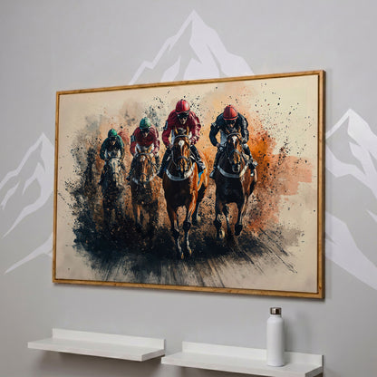 Jockeys Horse Race Canvas Print in white oak floating frame
