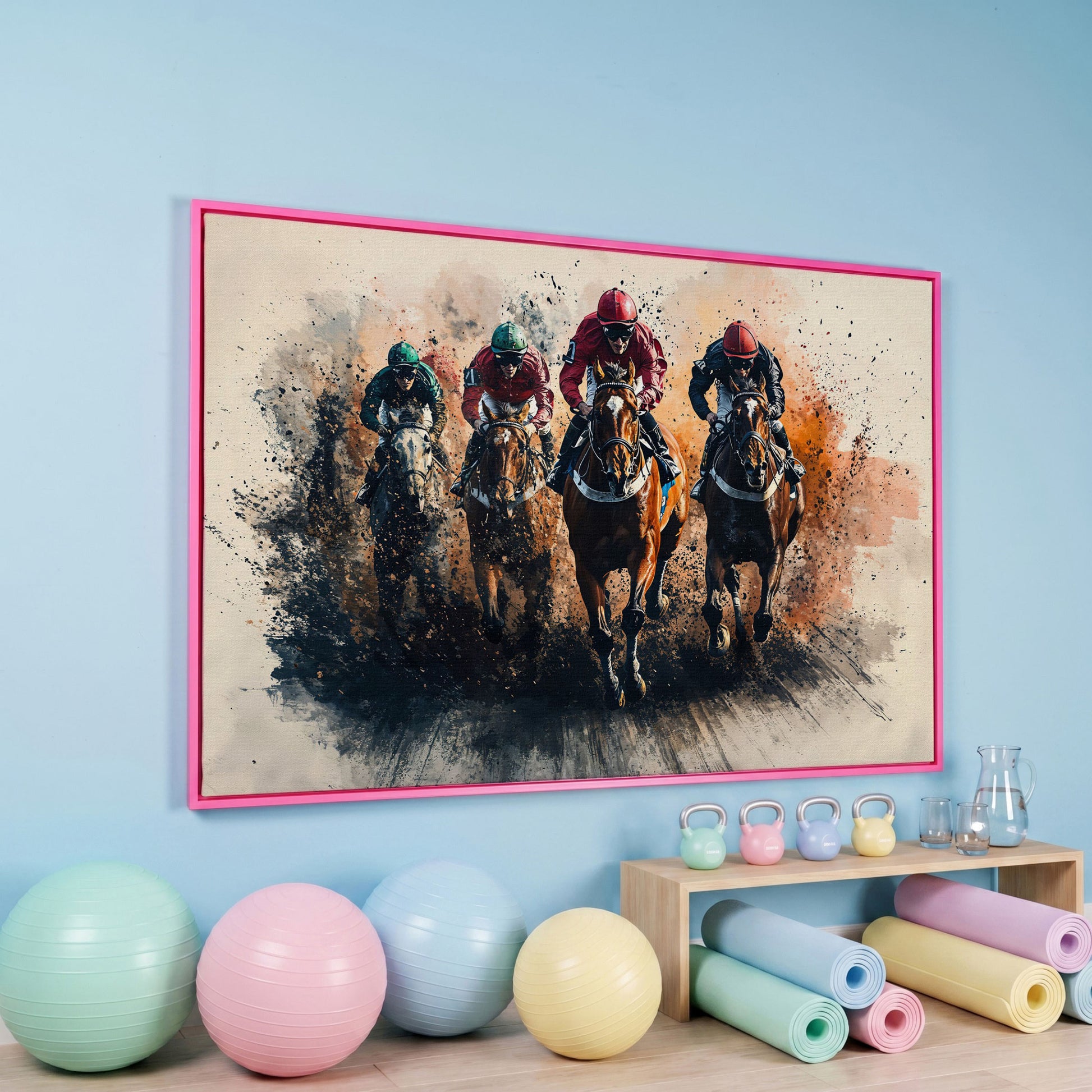 Jockeys Horse Race Canvas Print in pink floating frame