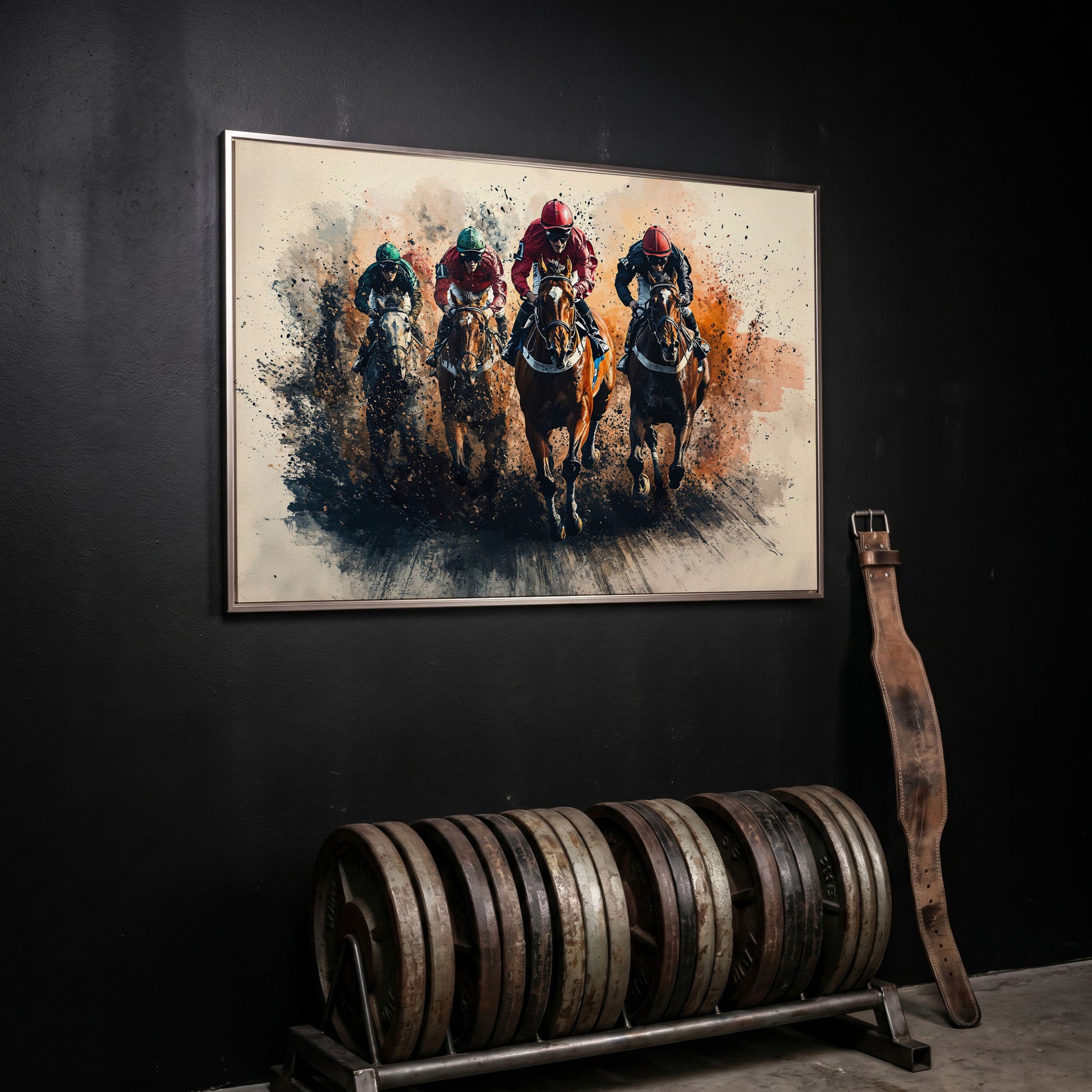 Jockeys Horse Race Canvas Print in silver floating frame