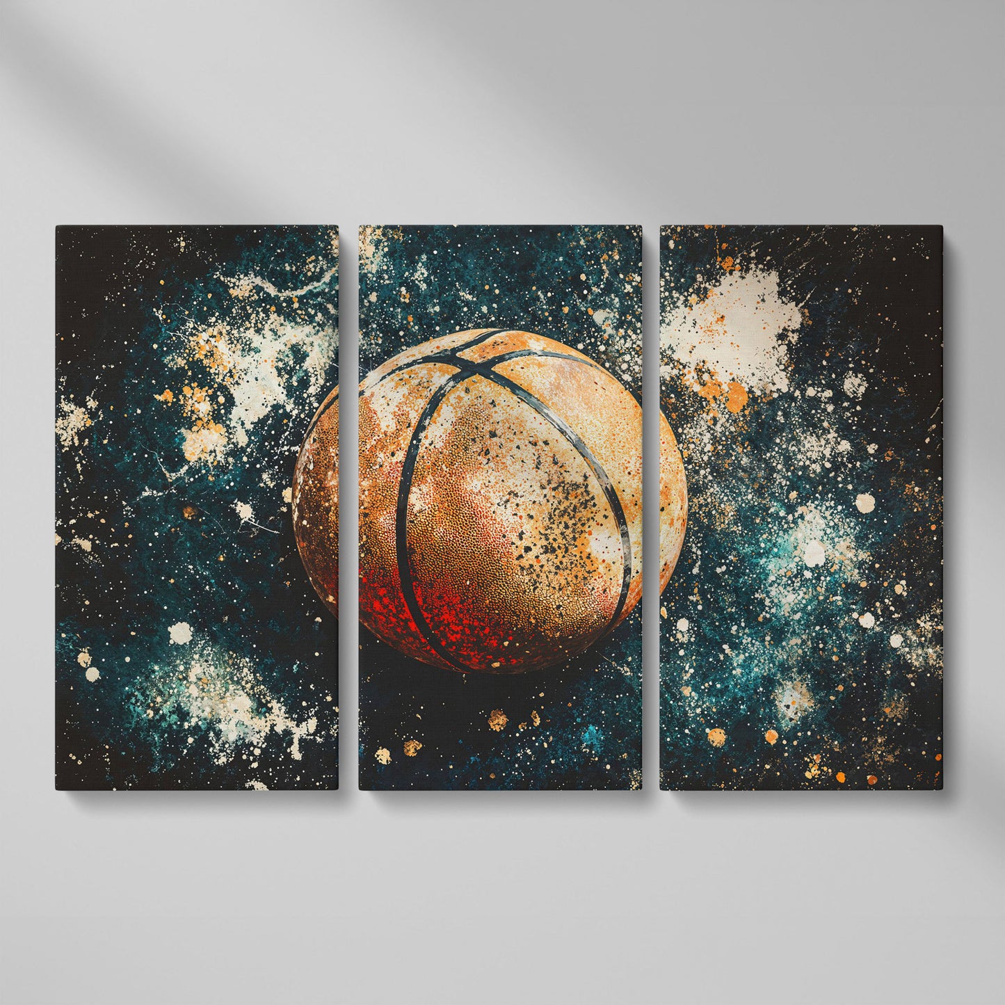 Abstract Basketball Canvas Print in Burnt Orange & Teal as 3-panel split version