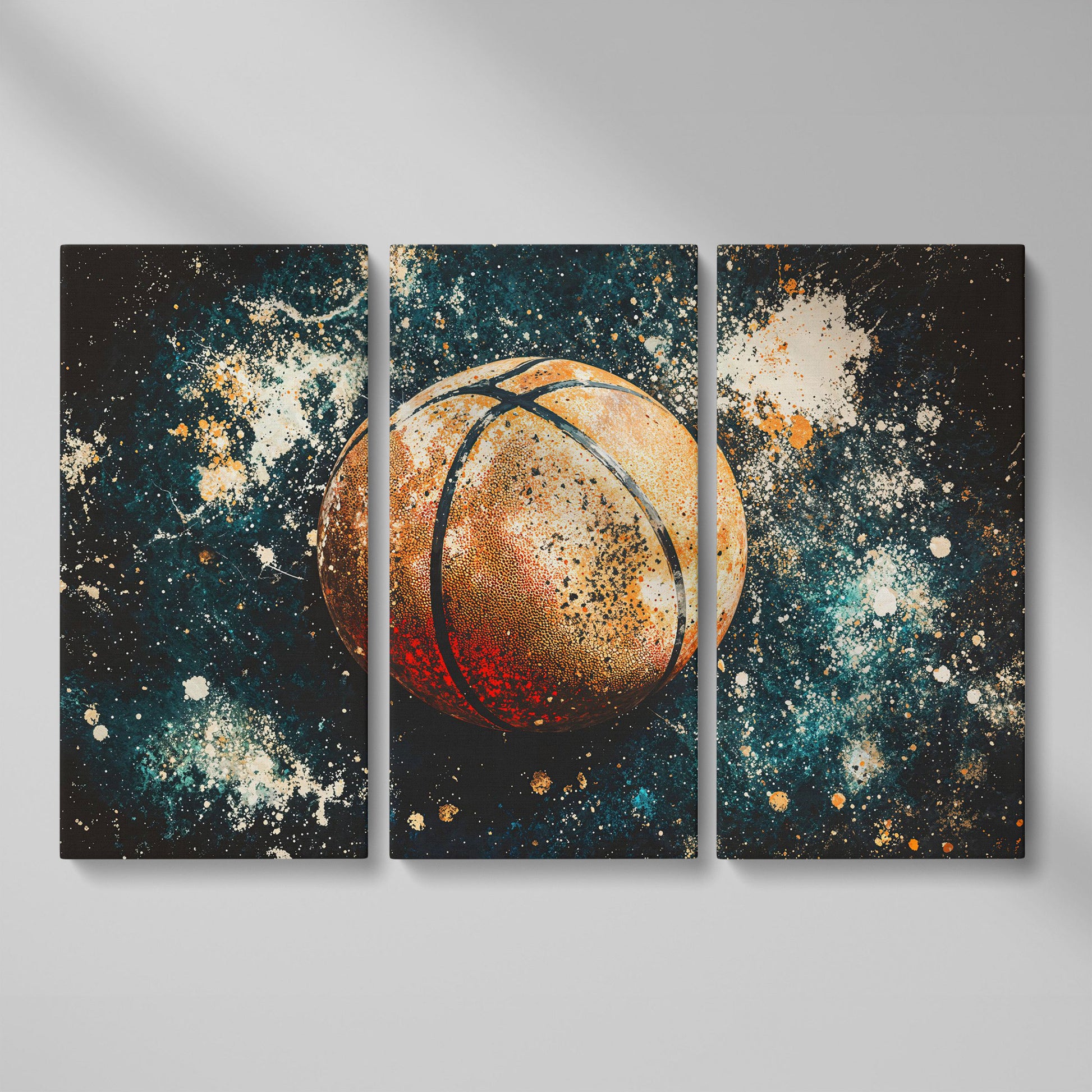 Abstract Basketball Canvas Print in Burnt Orange & Teal as 3-panel split version