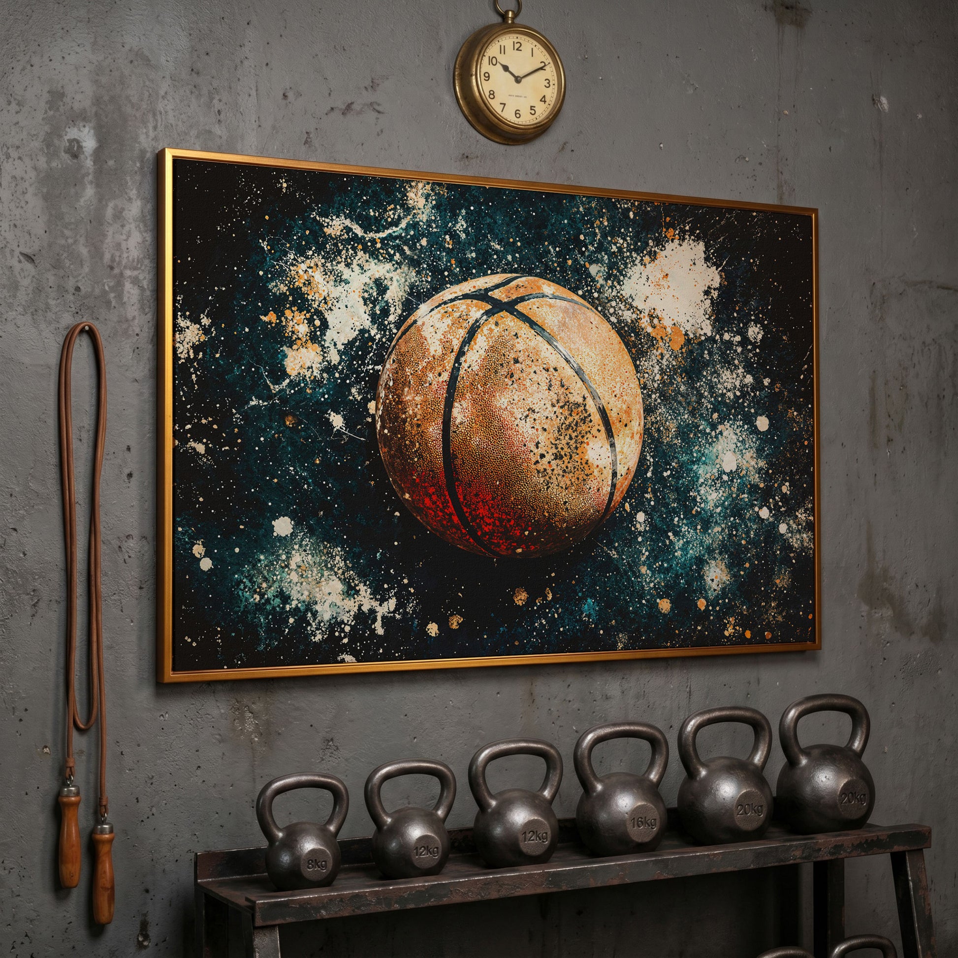 Abstract Basketball Canvas Print in Burnt Orange & Teal in antique gold floating frame