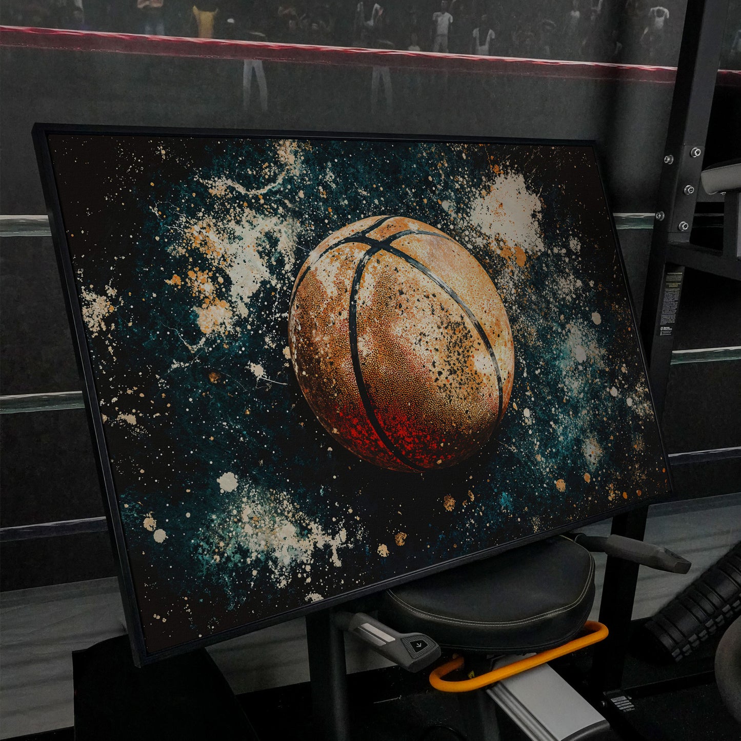 Abstract Basketball Canvas Print in Burnt Orange & Teal in black floating frame