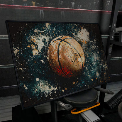 Abstract Basketball Canvas Print in Burnt Orange & Teal in black floating frame