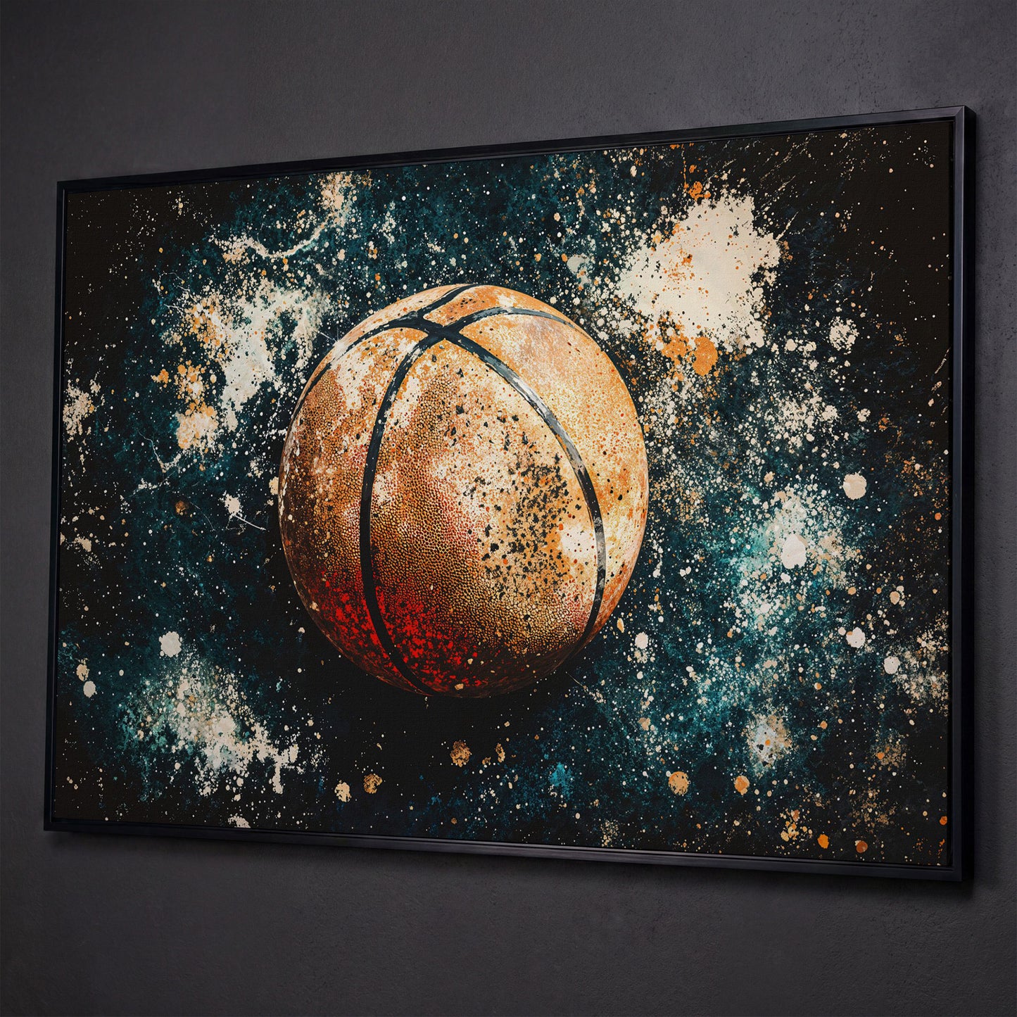 Abstract Basketball Canvas Print in Burnt Orange & Teal shown in black floating frame