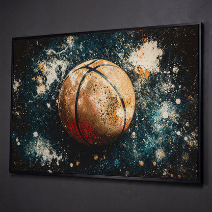 Abstract Basketball Canvas Print in Burnt Orange & Teal shown in black floating frame