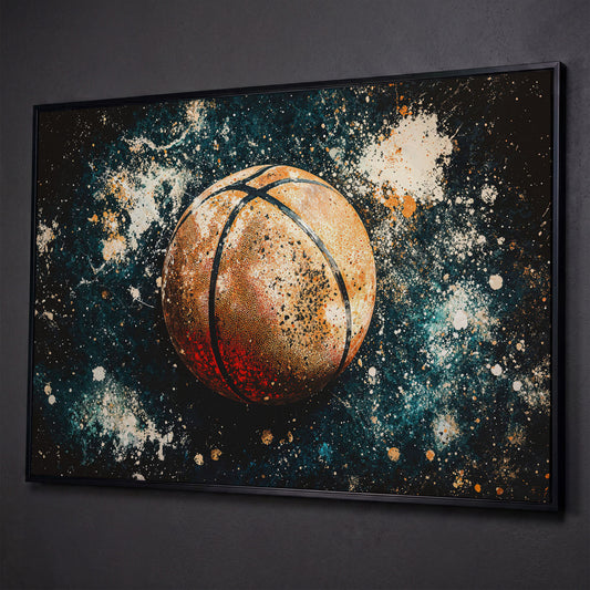Abstract Basketball Canvas Print in Burnt Orange & Teal shown in black floating frame