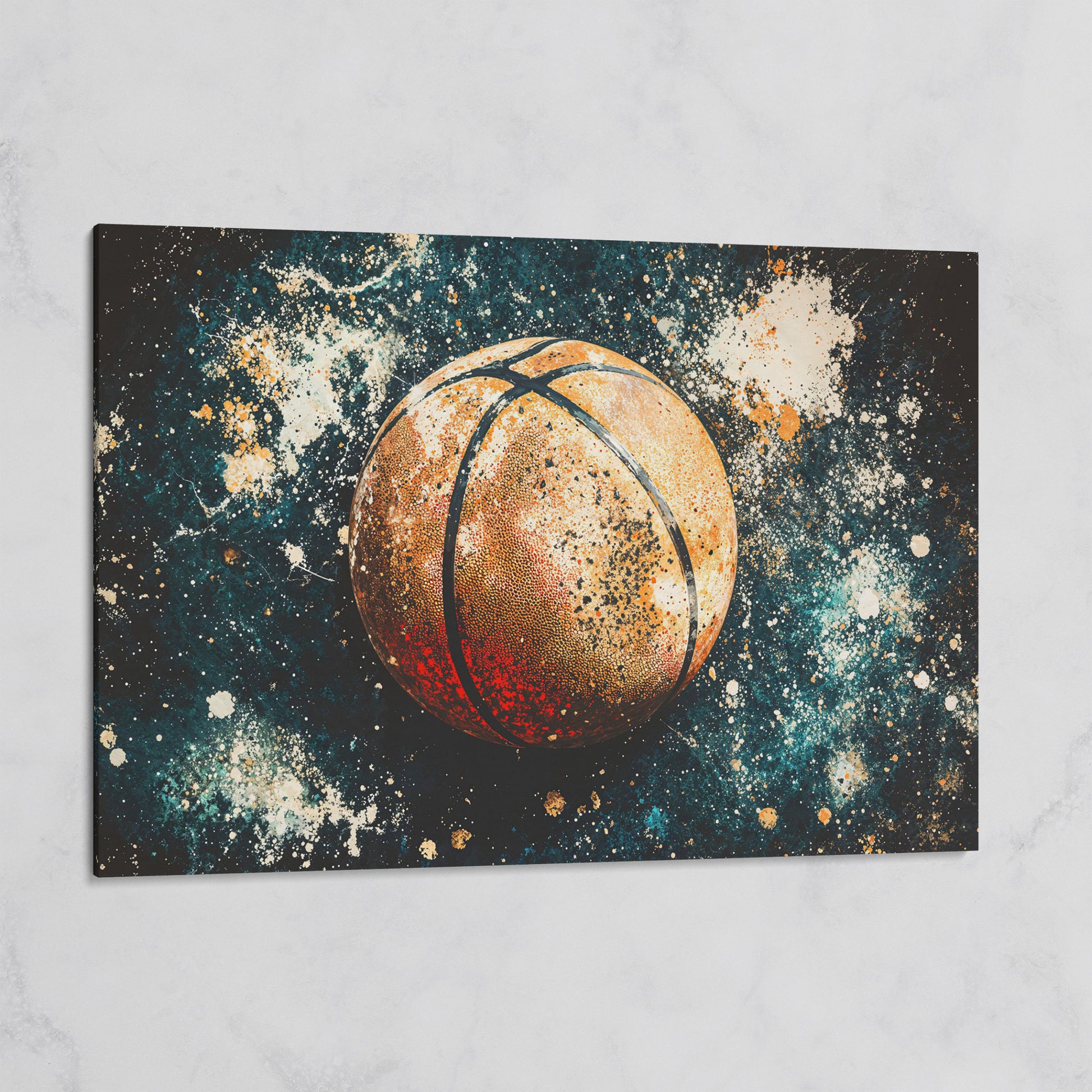 Abstract Basketball Canvas Print in Burnt Orange & Teal on gallery wrap
