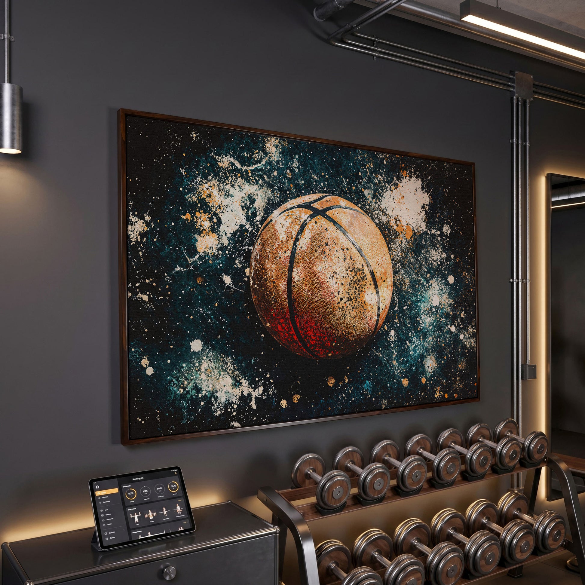 Abstract Basketball Canvas Print in Burnt Orange & Teal in dark walnut floating frame