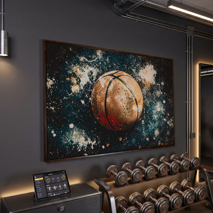 Abstract Basketball Canvas Print in Burnt Orange & Teal in dark walnut floating frame