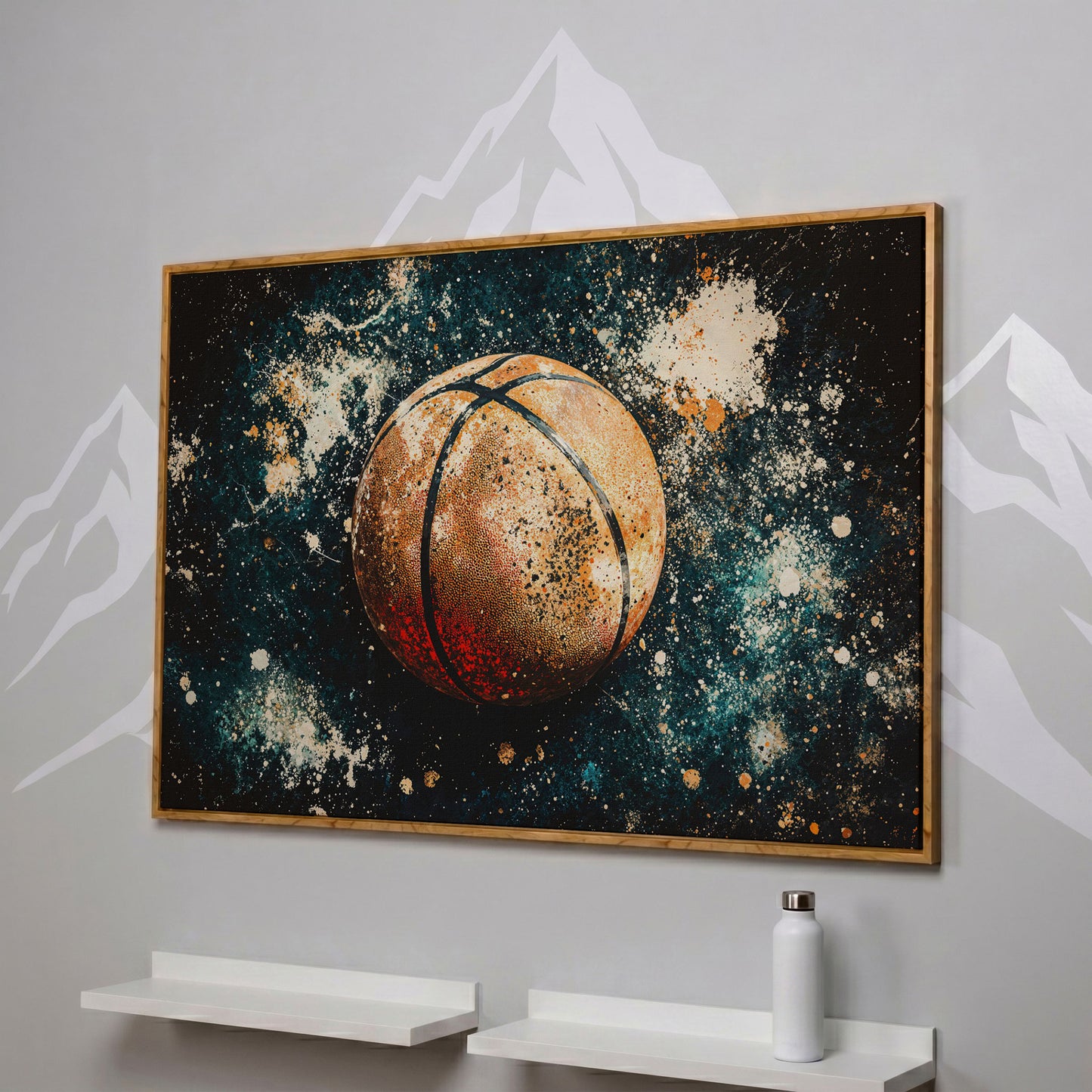 Abstract Basketball Canvas Print in Burnt Orange & Teal in white oak floating frame