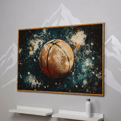 Abstract Basketball Canvas Print in Burnt Orange & Teal in white oak floating frame