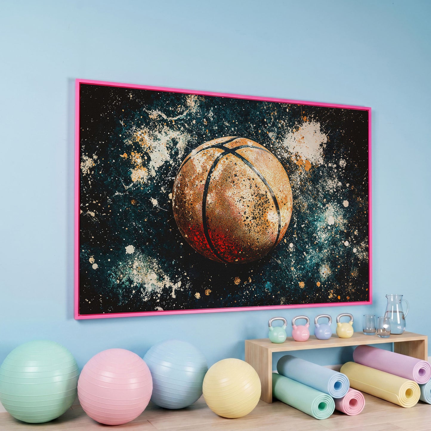 Abstract Basketball Canvas Print in Burnt Orange & Teal in pink floating frame