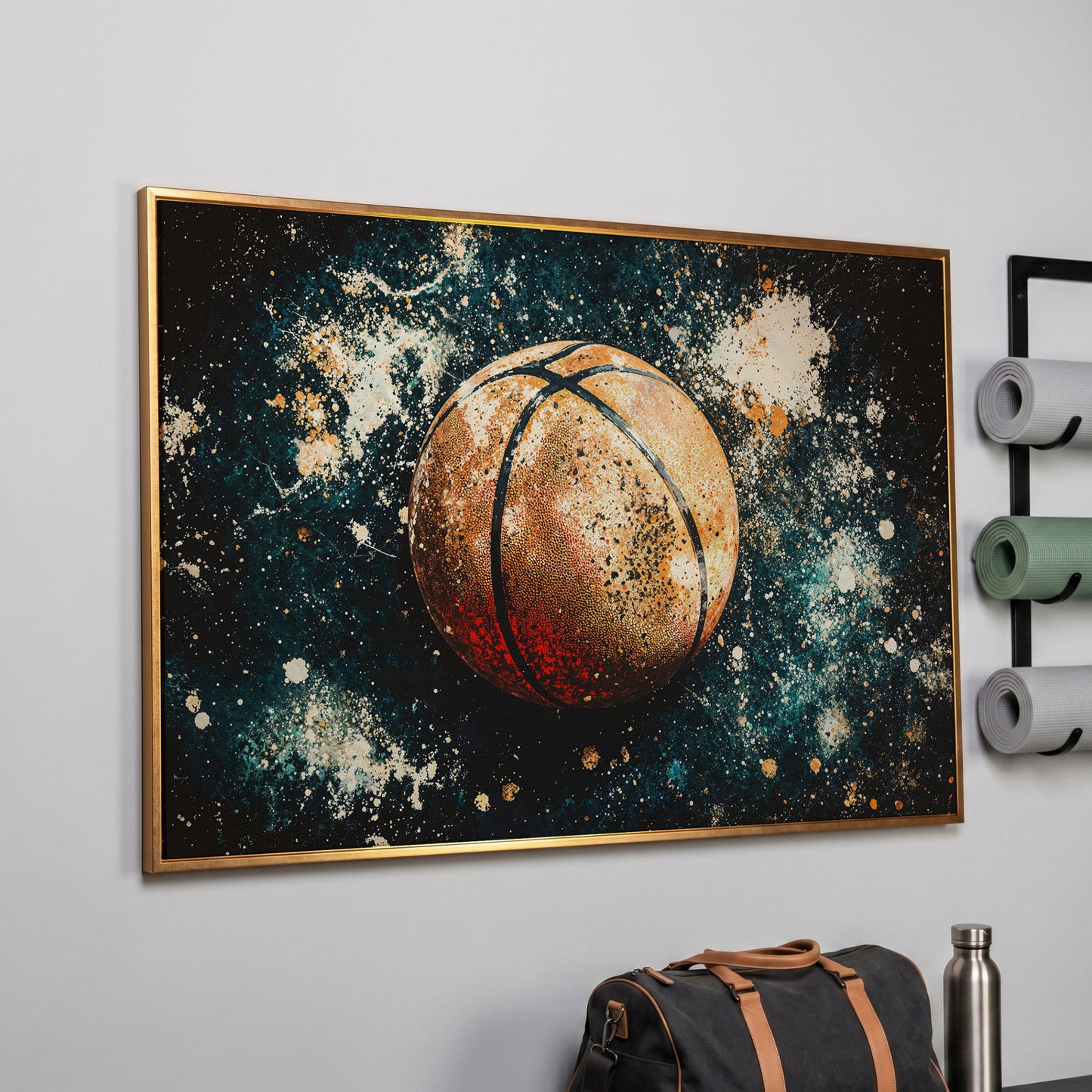 Abstract Basketball Canvas Print in Burnt Orange & Teal in rose gold floating frame