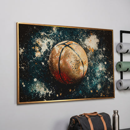 Abstract Basketball Canvas Print in Burnt Orange & Teal in rose gold floating frame