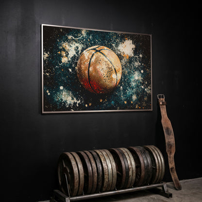 Abstract Basketball Canvas Print in Burnt Orange & Teal in silver floating frame